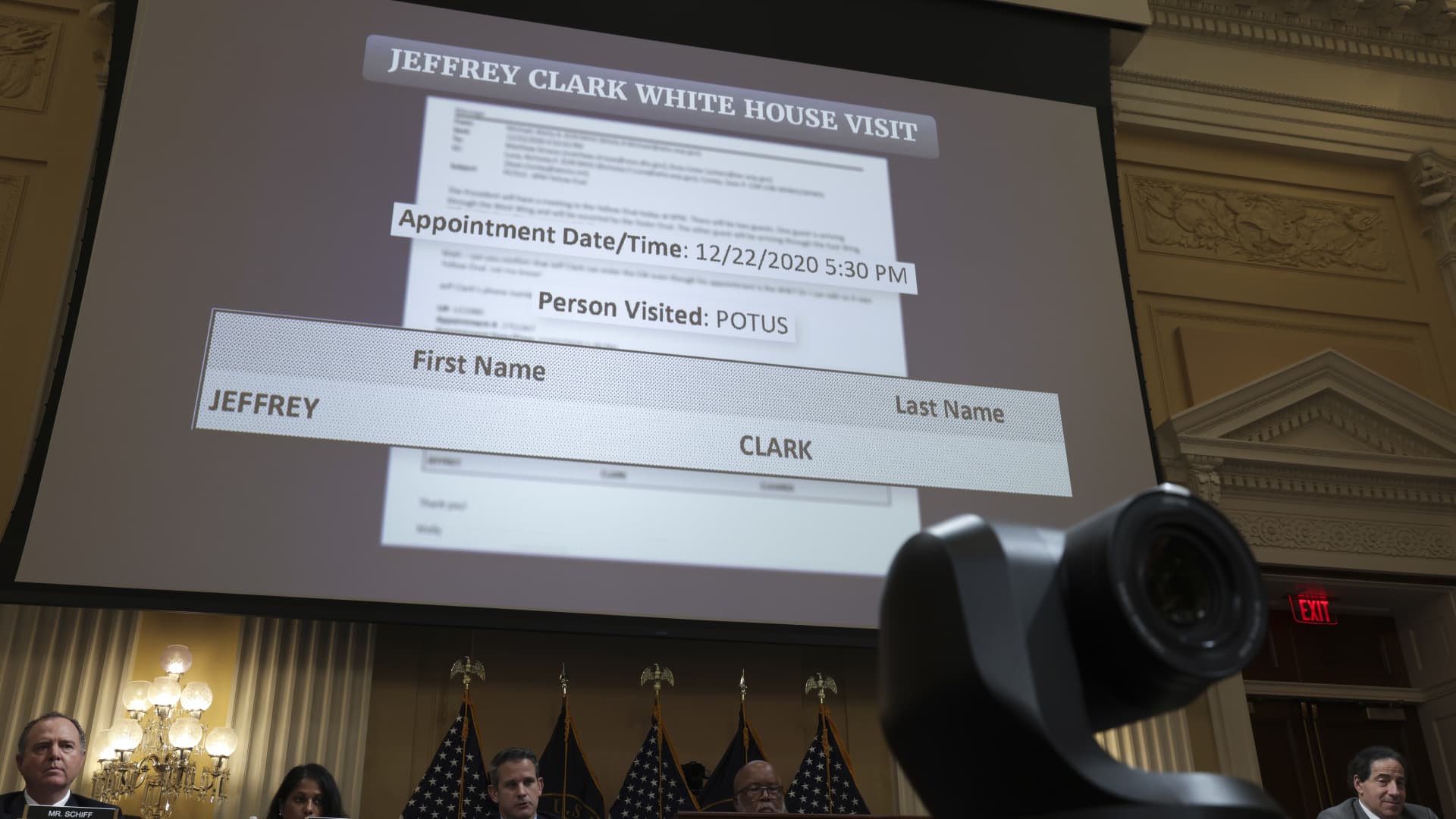 A image displaying a White House visitor log for Jeffrey Clark is displayed during the fifth hearing by the House Select Committee to Investigate the January 6th Attack on the U.S. Capitol in the Cannon House Office Building on June 23, 2022 in Washington, DC.