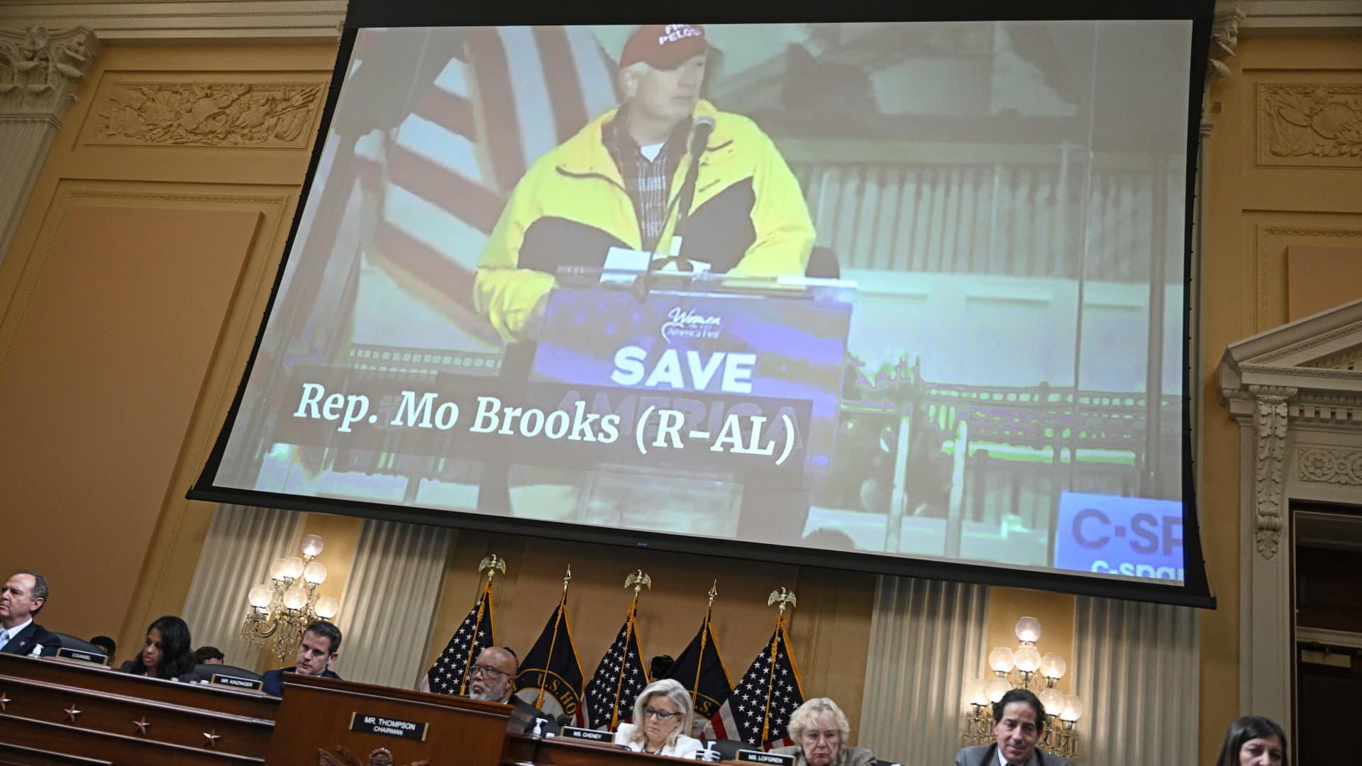A video of US Representative Mo Brooks (R-AL) is shown on a screen during the fifth hearing by the House Select Committee to Investigate the January 6th Attack on the US Capitol in the Cannon House Office Building in Washington, DC, on June 23, 2022.