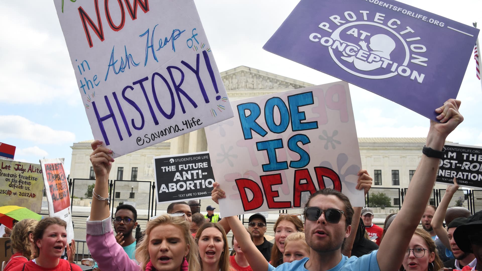 Abortion opponents celebrate outside the U.S. Supreme Court in Washington, D.C., on June 24, 2022.