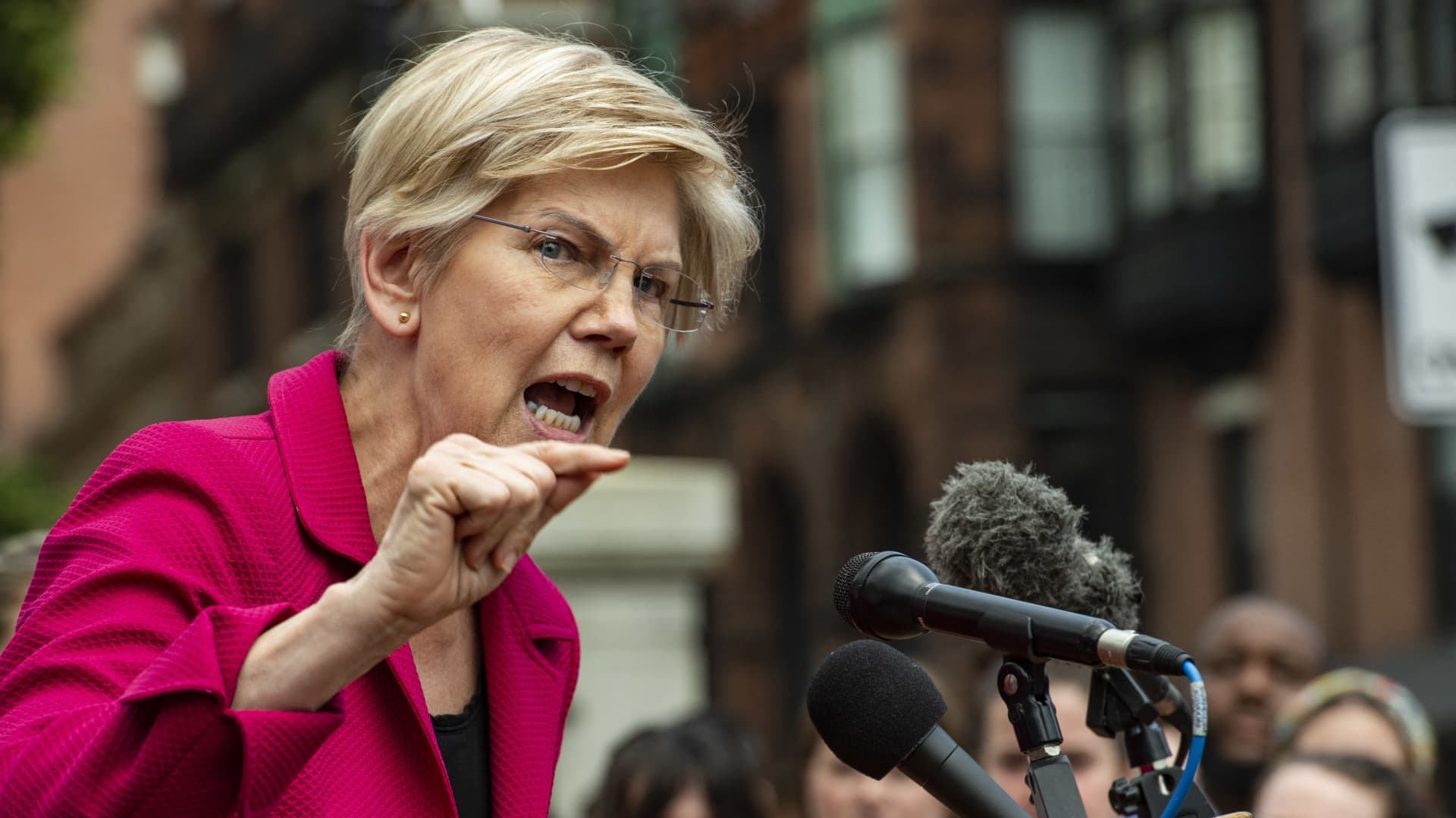 US Senator Elizabeth Warren addresses the public during a rally to protest the US Supreme Courts overturning of Roe Vs. Wade at the Massachusetts State House in Boston, Massachusetts on June 24, 2022.