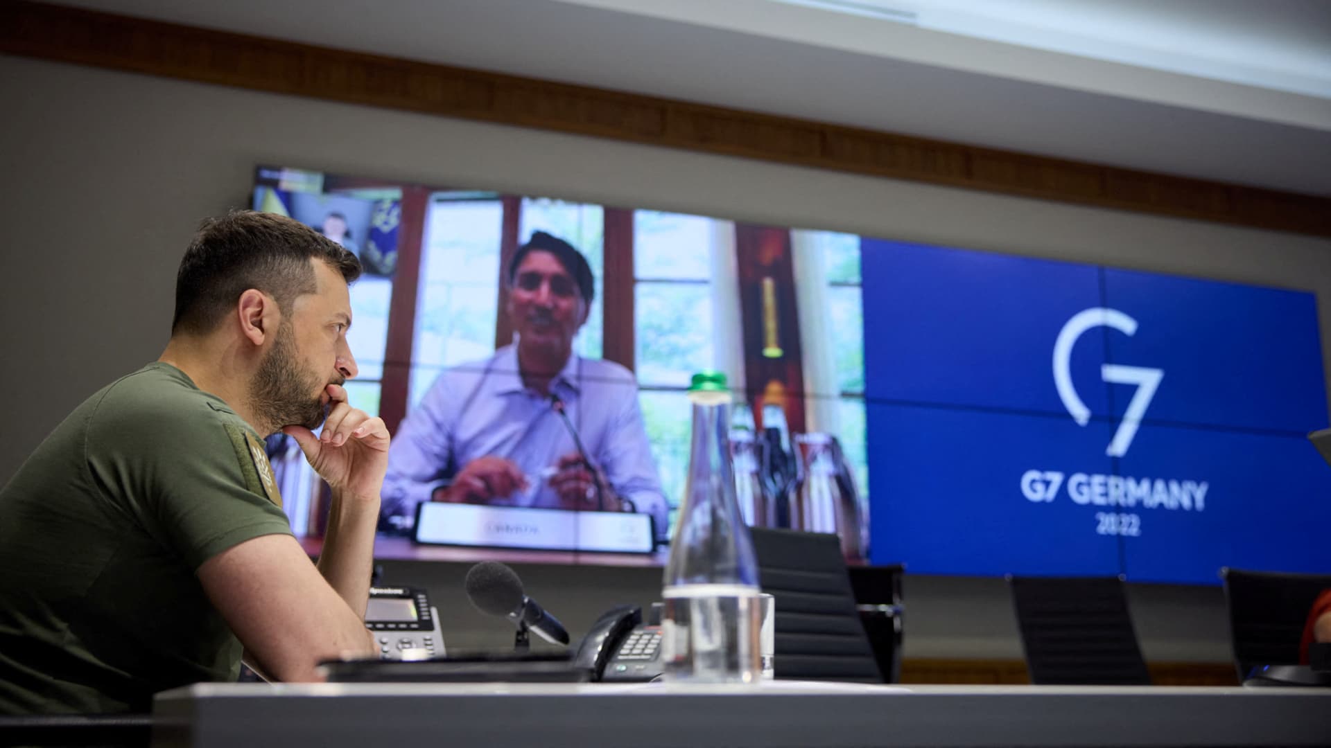 Ukraine's President Volodymyr Zelenskyy attends a working session of G-7 leaders via video link, as Russia's attack on Ukraine continues, in Kyiv,on June 27, 2022.
