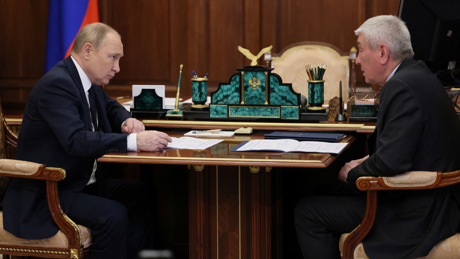 Russian President Vladimir Putin meets with head of Federal Financial Monitoring Service (Rosfinmonitoring) Yury Chikhanchin at the Kremlin in Moscow, Russia June 27, 2022.