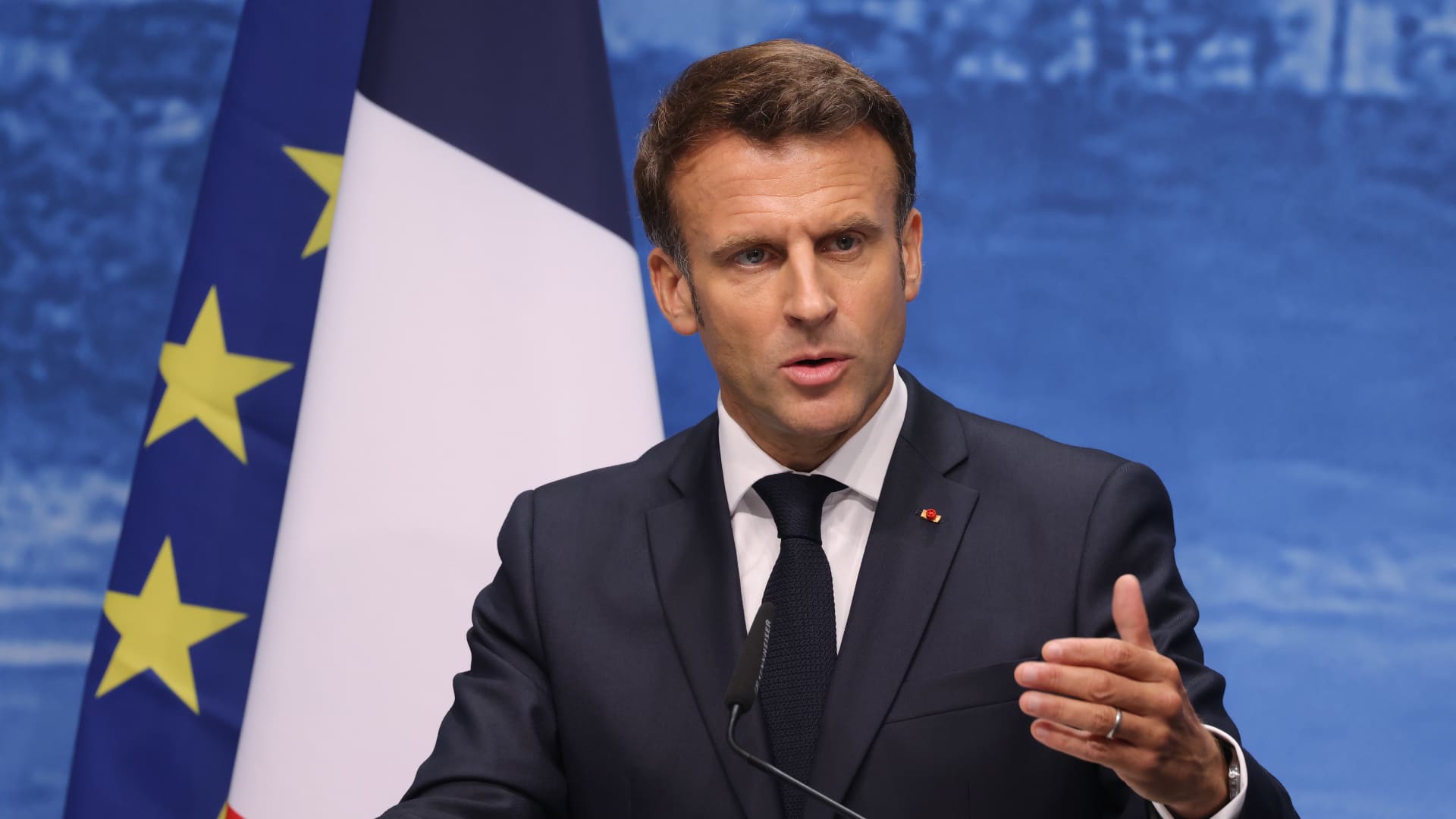 French President Emmanuel Macron says he's in favor of a price cap on Russian oil as he speaks to the media on the third and final day of the G7 summit at Schloss Elmau on June 28, 2022 near Garmisch-Partenkirchen, Germany.