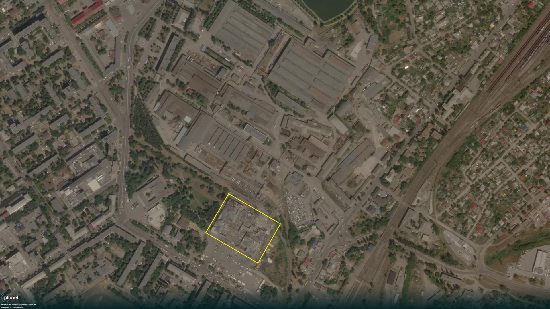 A satellite image taken by Planet Labs Inc. on June 28, showing destruction of the shopping mall in Kremenchuk, Ukraine.