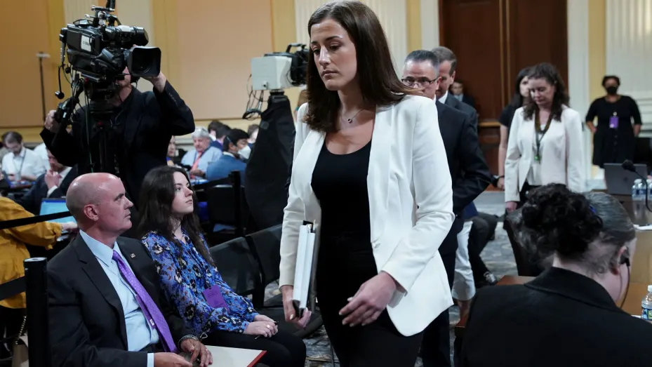 Cassidy Hutchinson, who was an aide to former White House Chief of Staff Mark Meadows during the administration of former U.S. President Donald Trump, departs after testifying during a public hearing of the U.S. House Select Committee to investigate the January 6 Attack on the U.S. Capitol, on Capitol Hill in Washington, June 28, 2022.