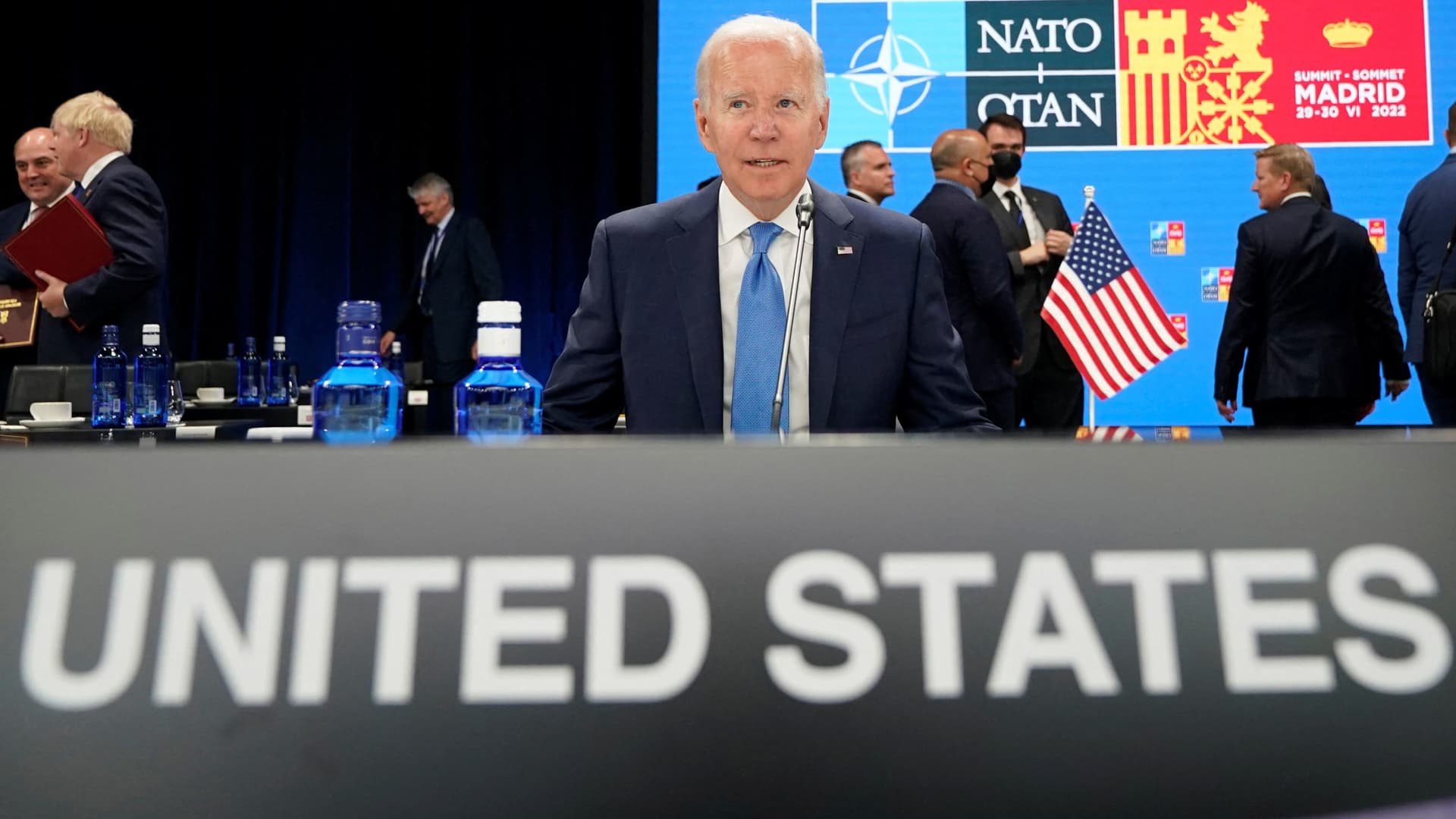 U.S. President Joe Biden waits for the start of a round table meeting at the NATO summit in Madrid, Spain June 29, 2022.