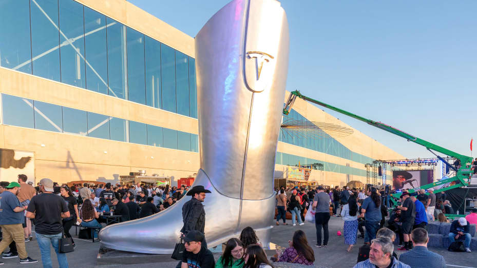 A giant cowboy boot is on display outside the Tesla Giga Texas manufacturing facility during the "Cyber Rodeo" grand opening party on April 7, 2022 in Austin, Texas.