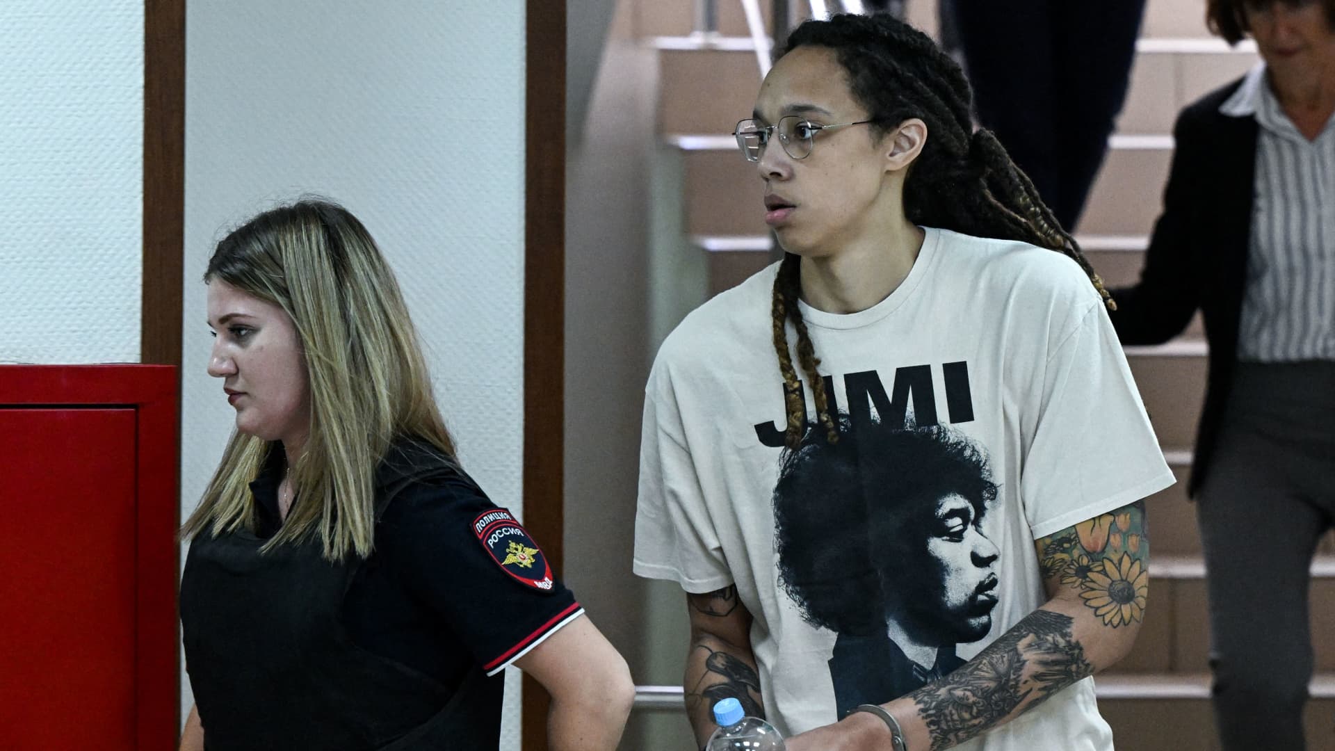 US WNBA basketball superstar Brittney Griner arrives to a hearing at the Khimki Court, outside Moscow on July 1, 2022.