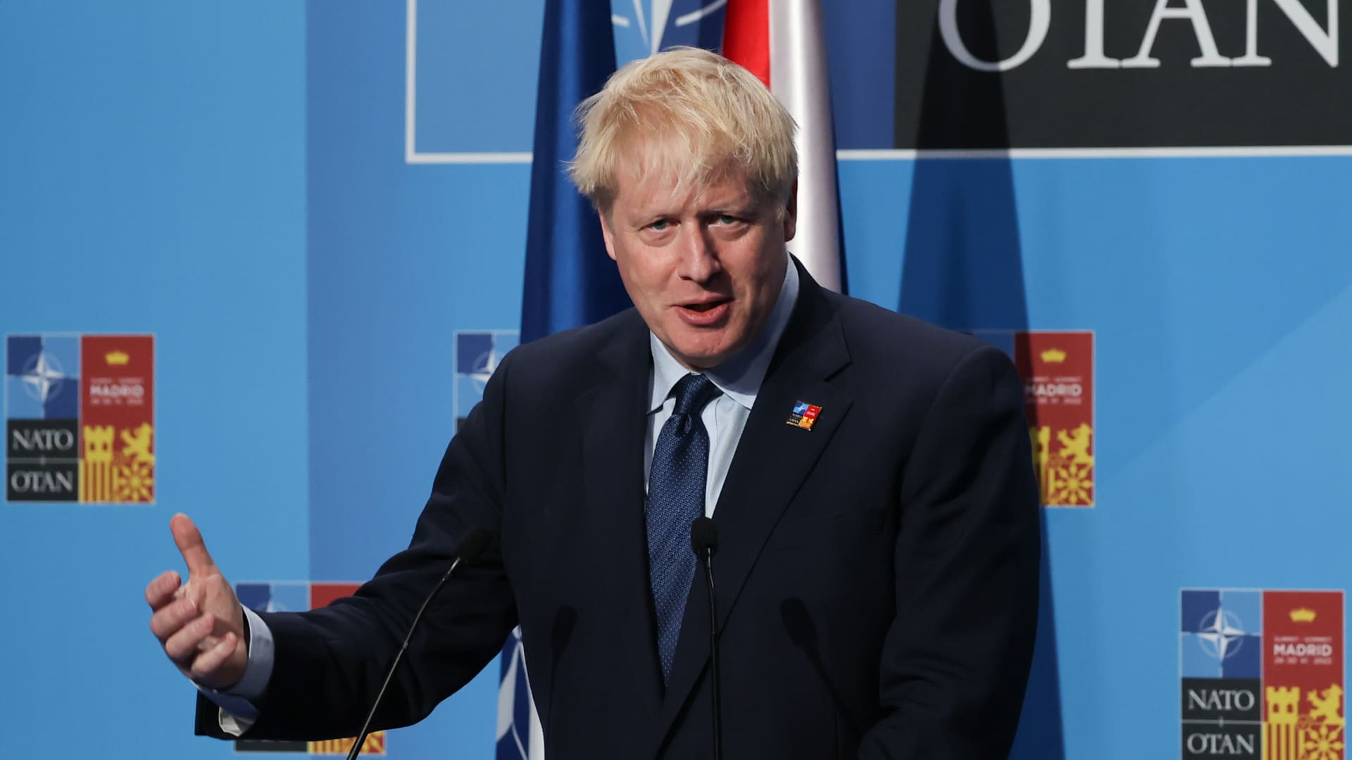 Prime Minister Of The United Kingdom Boris Johnson during the press conference on the final day of the NATO Summit in Madrid, Spain on June 30, 2022.