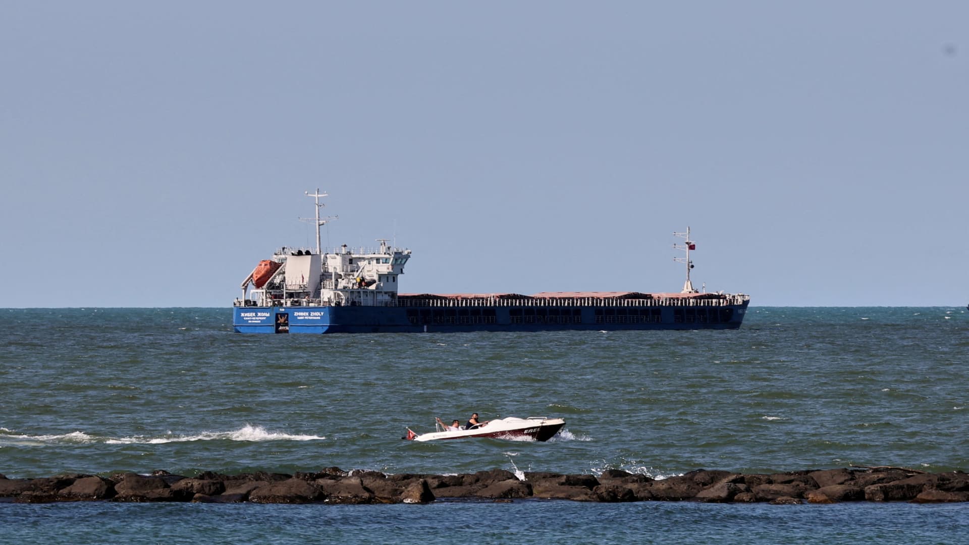 Russian-flagged cargo ship Zhibek Zholy is seen off the coast of Black Sea port of Karasu, Turkey, July 2, 2022.