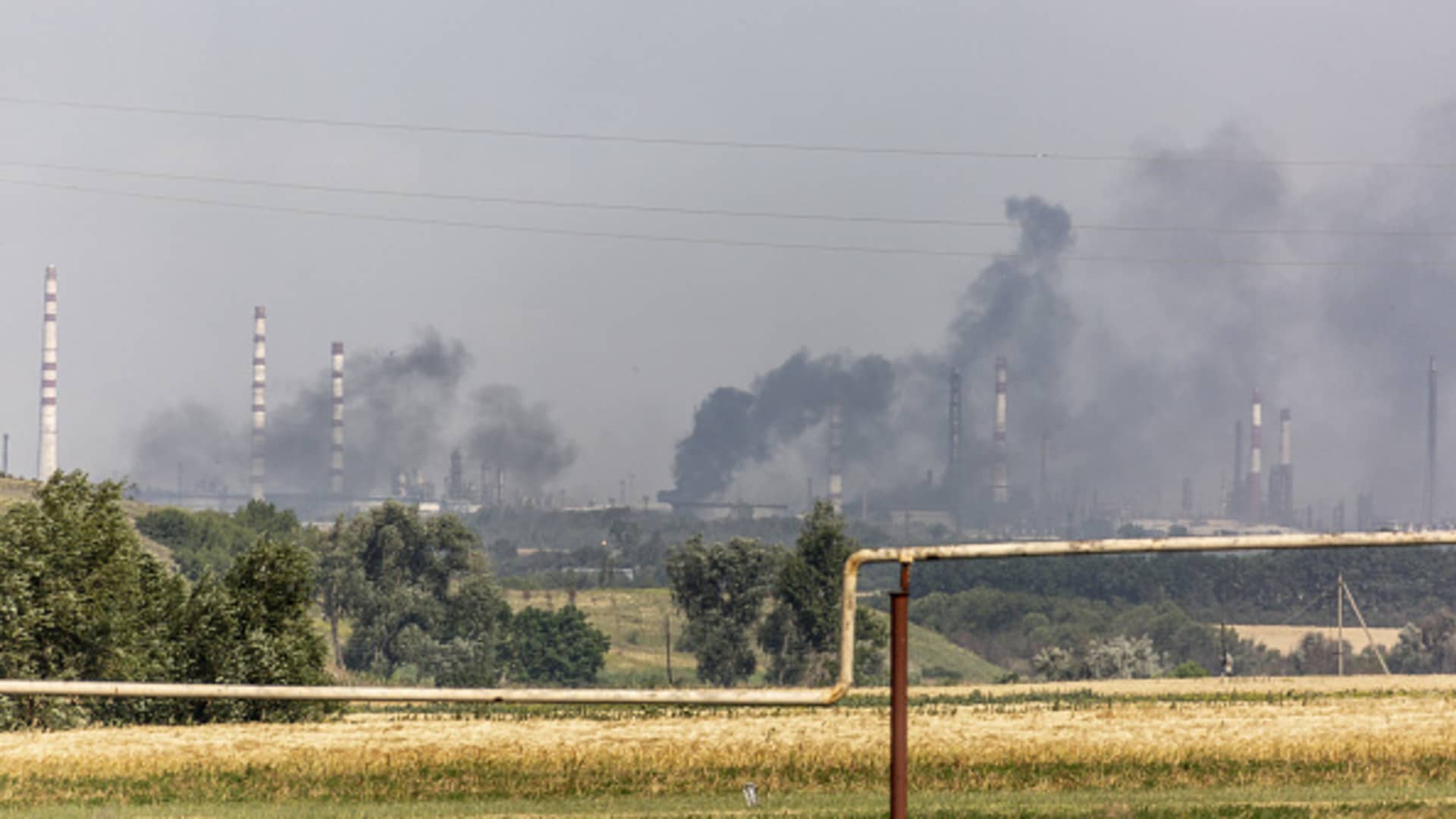 Plumes of smoke rising to the sky during heavy fighting between Ukrainian and Russian forces in Lysychansk, Ukraine, on July 1, 2022. Russia claimed it had captured Lysychansk on Sunday, a development later confirmed by Ukraine.