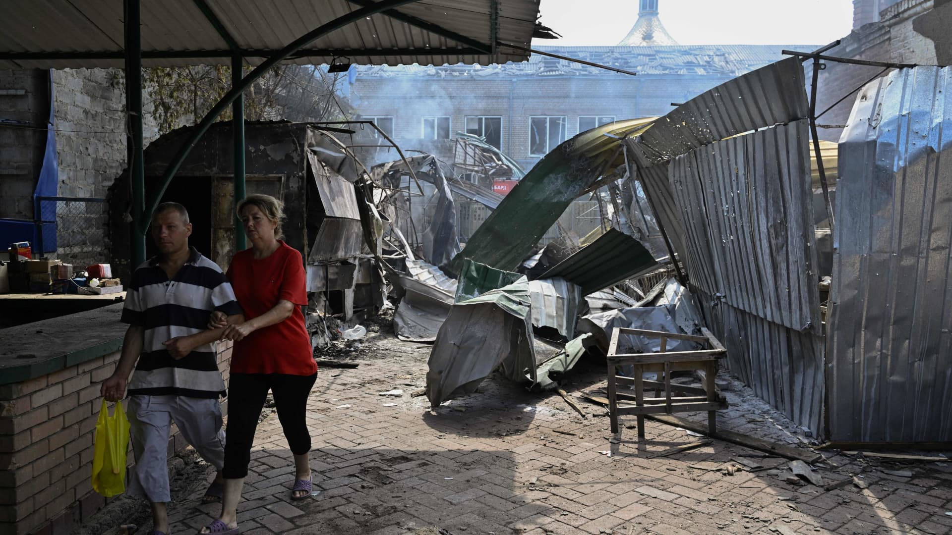 Destroyed shops at a local market in Sloviansk on July 4, 2022, the day after a Russian rocket attack.