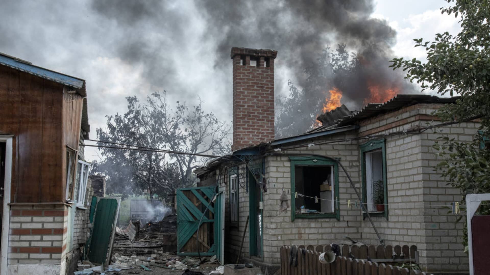 A house burning during shelling in Ukraine, on July 4, 2022.