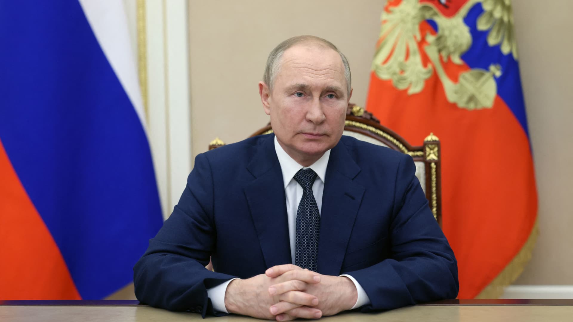 Russian President Vladimir Putin attends the IX Forum of the Regions of Russia and Belarus via a video link in Moscow, on July 1, 2022.