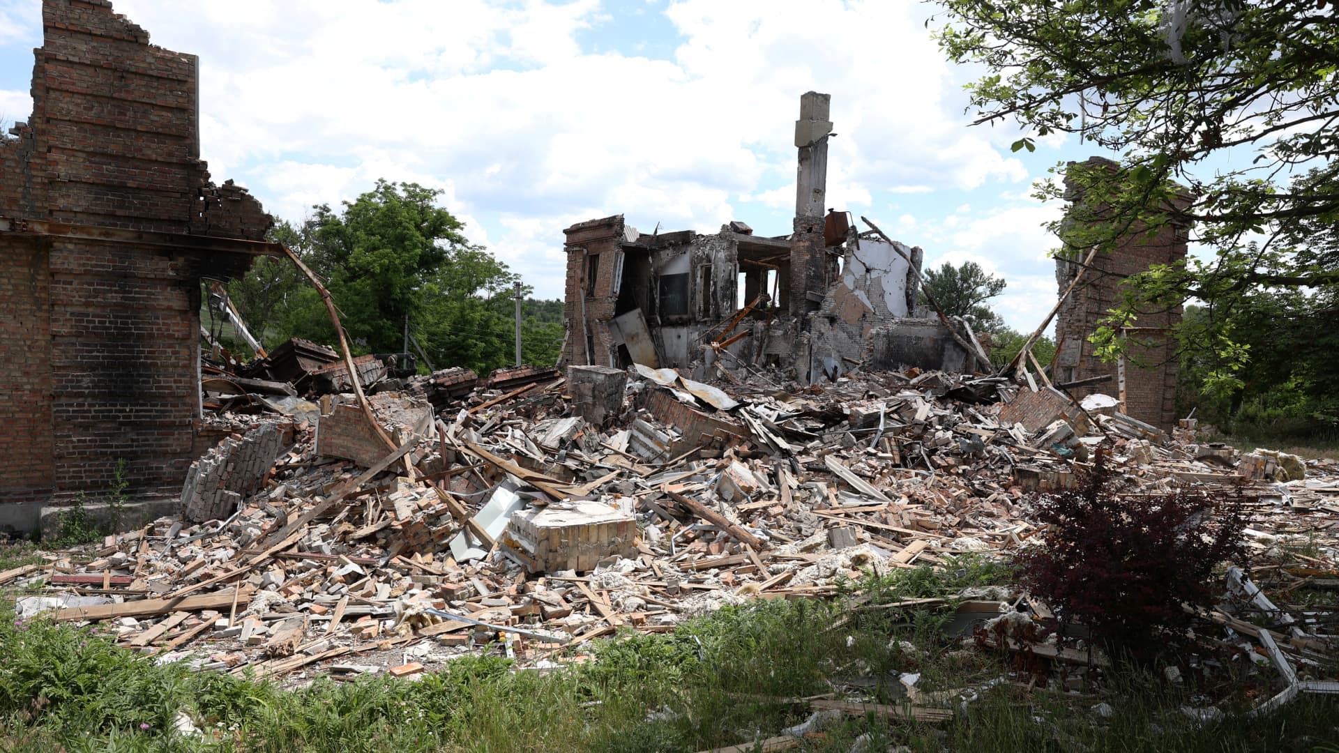 A photo taken on June 17, 2022, shows a destroyed school in the village of Bilohorivka not far from Lysychansk in the Luhansk region which was seized by Russian forces in early July.