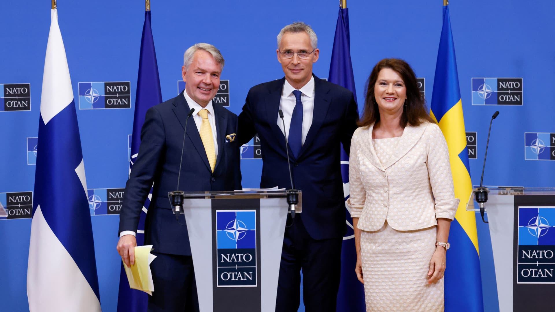 Sweden's Foreign Minister Ann Linde and Finland's Foreign Minister Pekka Haavisto attend a news conference with NATO Secretary General Jens Stoltenberg, after signing their countries' accession protocols at the alliance's headquarters in Brussels, Belgium July 5, 2022.