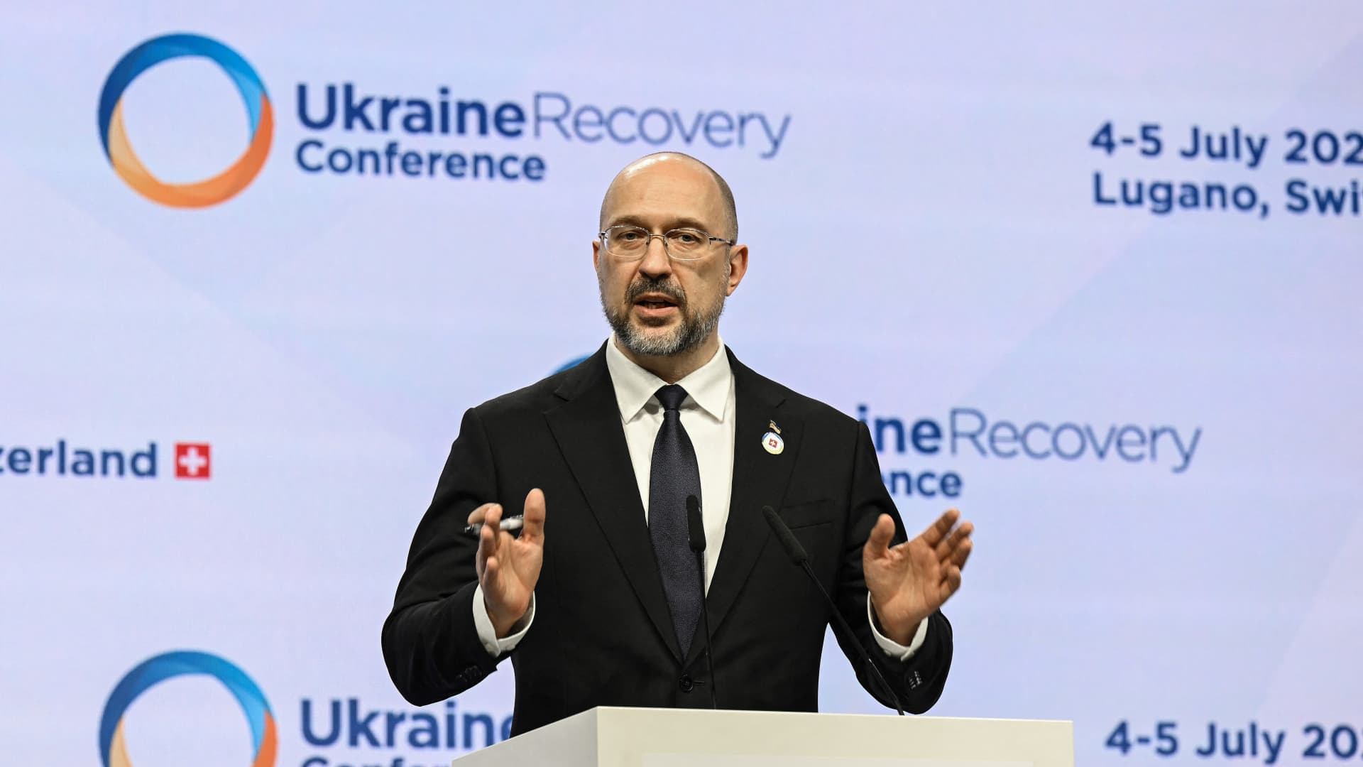 Ukraine's Prime Minister Denys Shmyhal gives a press conference at the end of a two-day International conference on reconstruction of Ukraine, in Lugano on July 5, 2022.