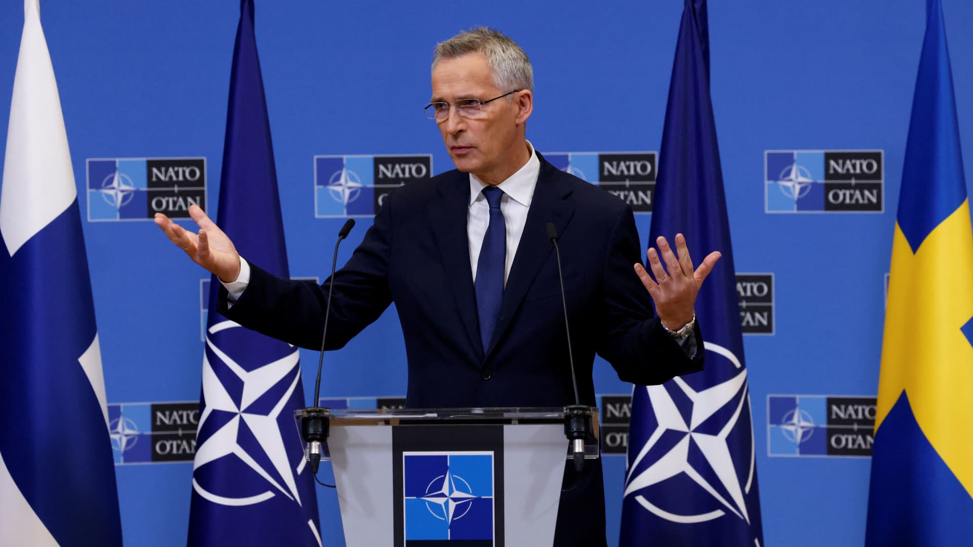 NATO Secretary-General Jens Stoltenberg at a news conference with Finland's Foreign Minister Pekka Haavisto and Sweden's Foreign Minister Ann Linde, after Finland and Sweden signed their countries' accession protocols at the alliance's headquarters in Brussels, Belgium, on July 5, 2022.