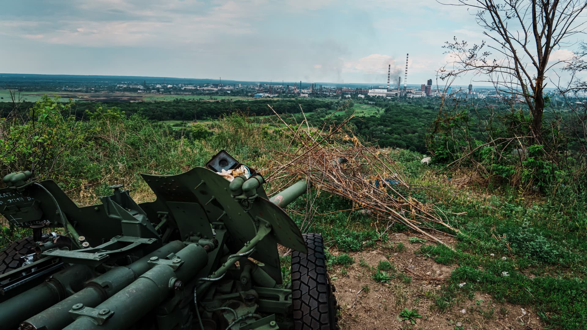 A view of damaged artillery equipment facing Severodonetsk from a hillside in Lysychansk, Ukraine, Monday June 13, 2022.
