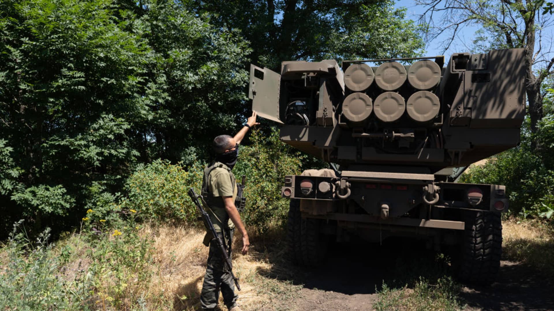 A Ukrainian army unit shows the rockets on HIMARS vehicle in eastern Ukraine on July 1, 2022.