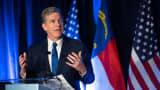 North Carolina Governor Roy Cooper speaks to the crowd during an election night event for Democratic Senate candidate Cheri Beasley on May 17, 2022 in Raleigh, North Carolina.