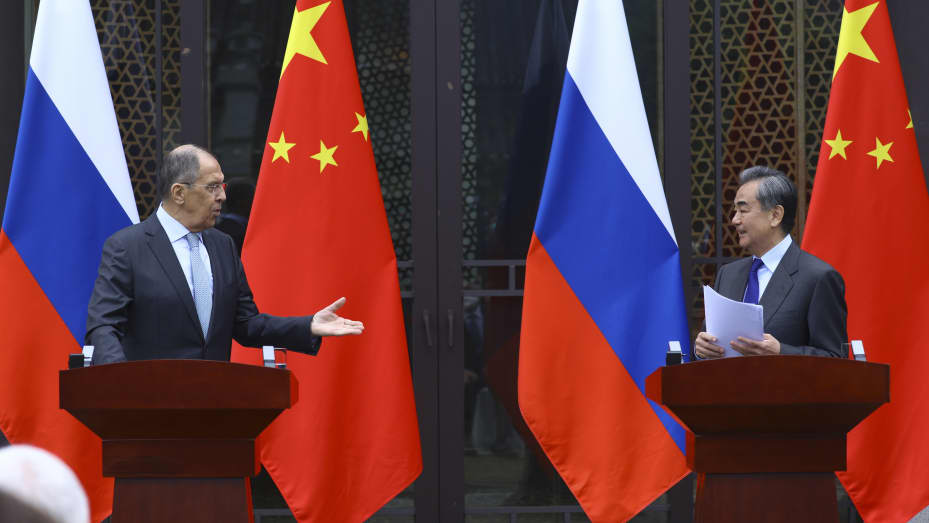 Russian Foreign Minister Sergey Lavrov (L) and Chinese Foreign Minister Wang Yi (R) hold a joint press conference in Beijing, China on March 23, 2021. (Photo by Russian Foreign Ministry Press Service/Handout/Anadolu Agency via Getty Images)