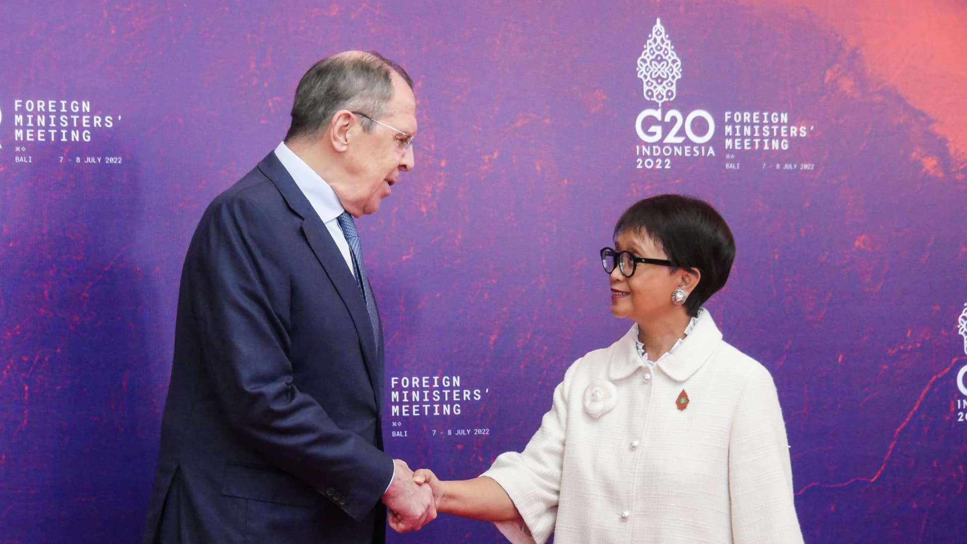 Russia's Lavrov meets Indonesian Foreign Minister Retno Marsudi at the G-20 ministers' meeting in Bali, Indonesia on July 8, 2022.