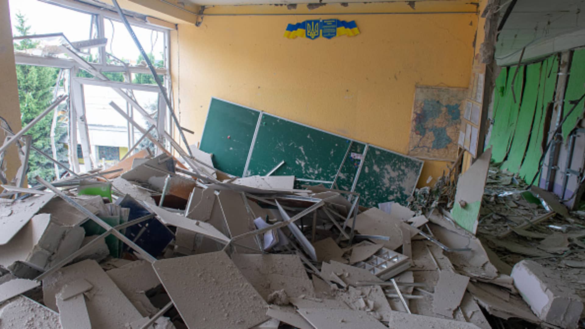 A view from a school in Kharkiv that was destroyed by a Russian rocket on July 10, 2022.