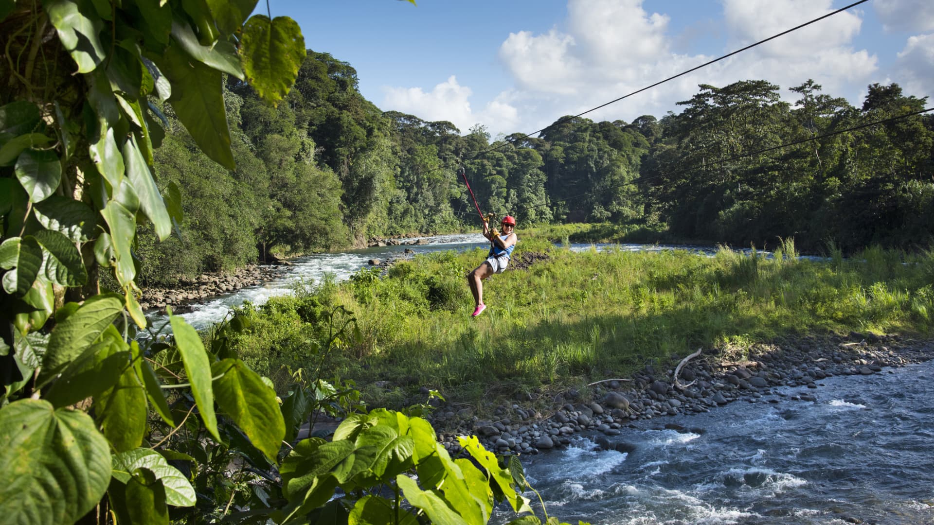 Starting from a high point in the jungle canopy a tourist zips over the Sarapiqui River in Costa Rica.Zip lining has become one of the most popular tourist activities in Costa Rica.