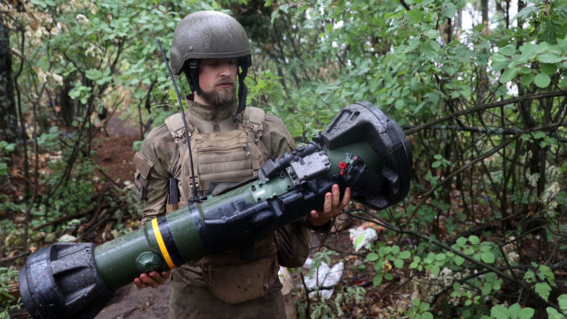 Ukrainian serviceman holds a Next Generation Light Anti-armour Weapon (NLAW) on the position not far from the front line in the south of Kharkiv region, on July 11, 2022, amid the Russian invasion of Ukraine.