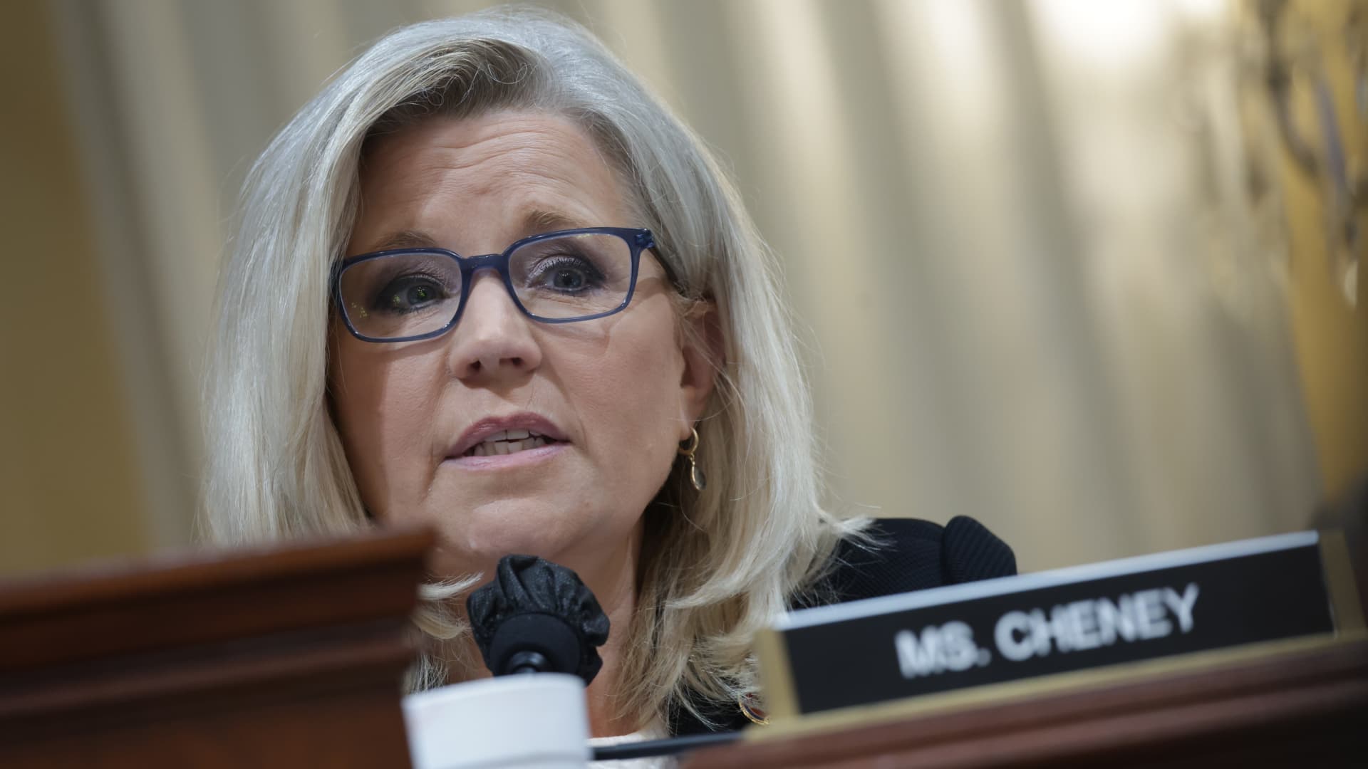 Rep. Liz Cheney (R-WY), Vice Chairwoman of the Select Committee to Investigate the January 6th Attack on the U.S. Capitol, delivers remarks during the seventh hearing on the January 6th investigation in the Cannon House Office Building on July 12, 2022 in Washington, DC.