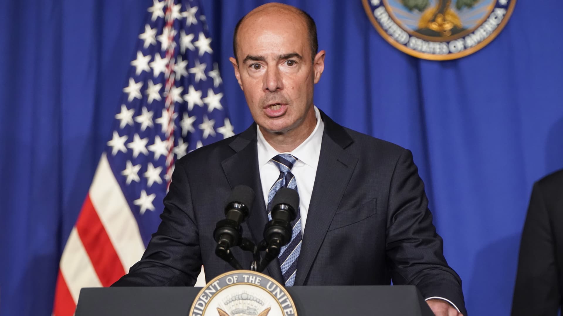 Eugene Scalia, U.S. secretary of labor, speaks during a White House Coronavirus Task Force briefing at the Department of Education in Washington, D.C., U.S., on Wednesday, July 8, 2020.