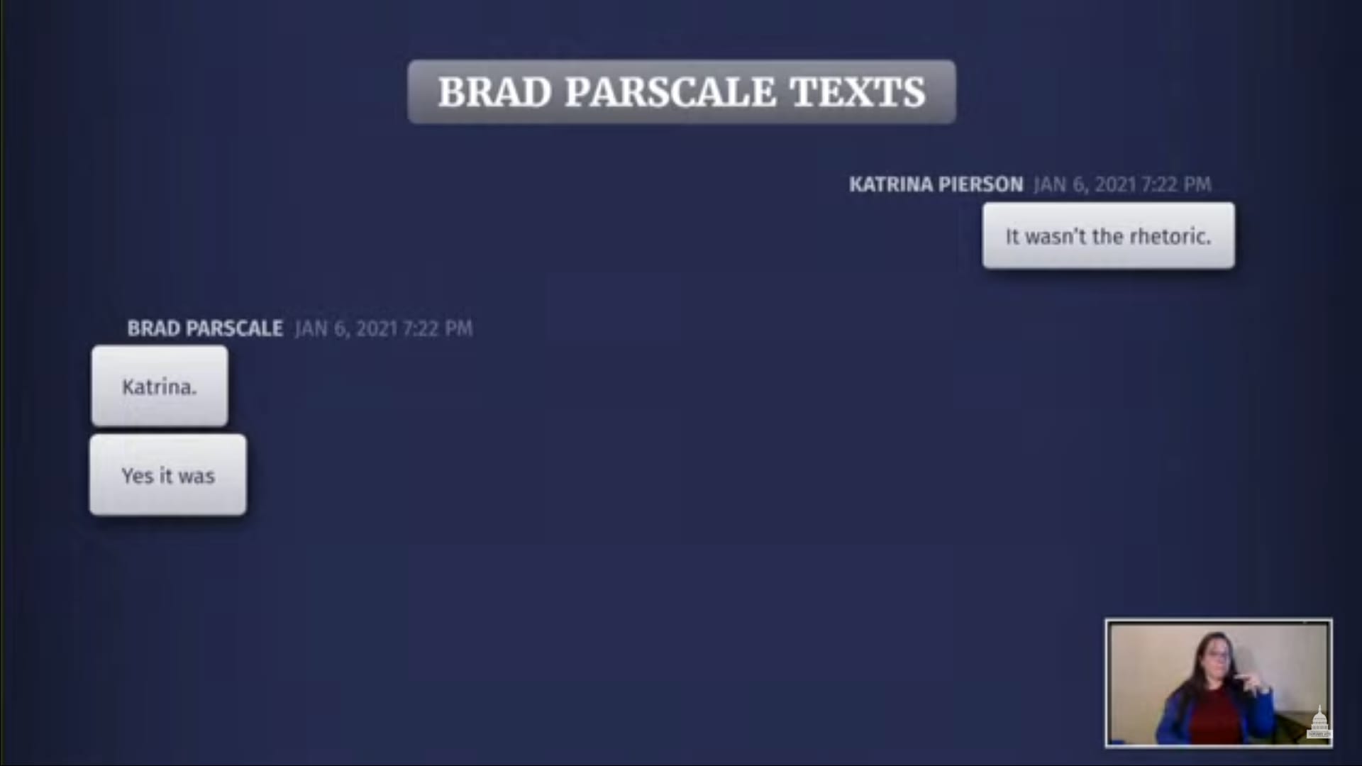 Text from former Campaign Manager Brad Parscale during a January 6th investigation hearing on July 12th, 2022.