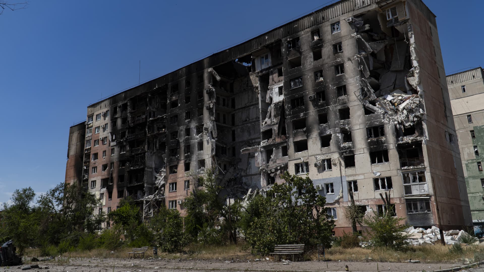 A view of damaged sites from eastern Ukraine city of Severodonetsk located in which Russian forces now in control, in Luhansk Oblast, Ukraine on July 09, 2022.