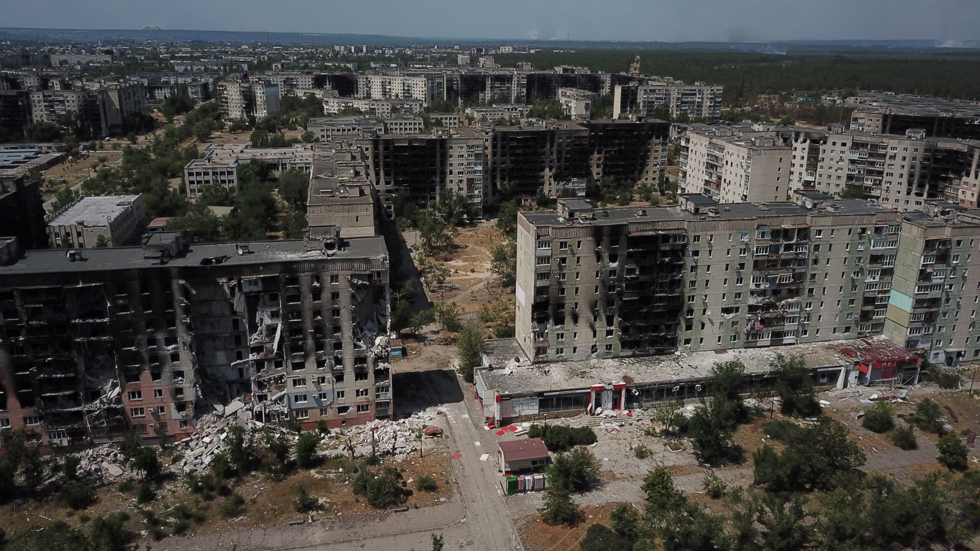An aerial view of damaged sites from eastern Ukraine city of Severodonetsk located in which Russian forces now in control, in Luhansk Oblast, Ukraine on July 09, 2022.