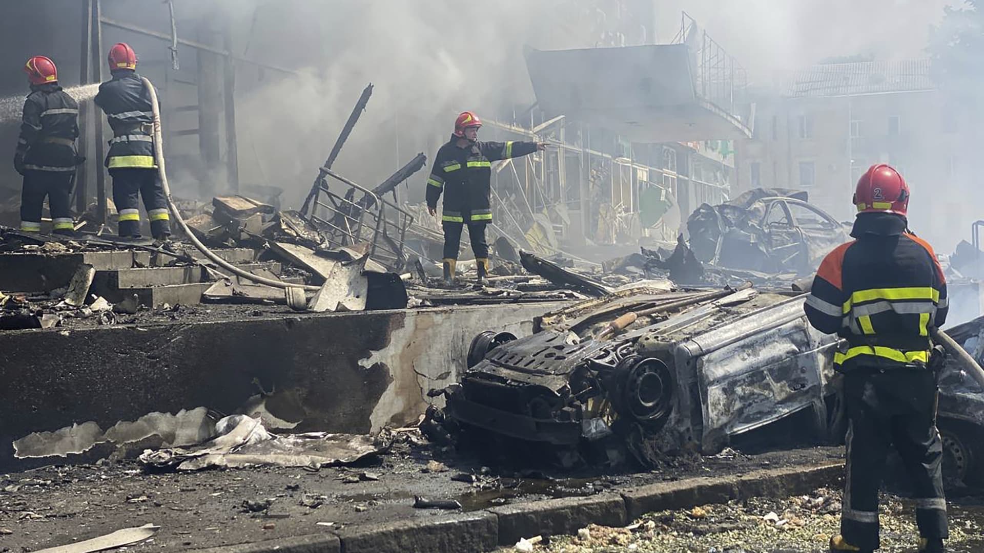 Ukrainian Emergency Service, a view of vehicles damaged by shelling in Vinnytsia, Ukraine, Thursday, July 14, 2022.