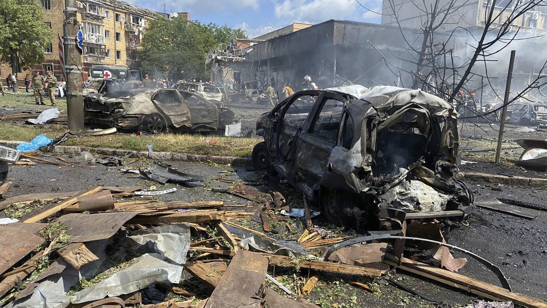 AP: Vinnytsia: Ukrainian Emergency Service, a view of vehicles damaged by shelling in Vinnytsia, Ukraine, Thursday, July 14, 2022.
