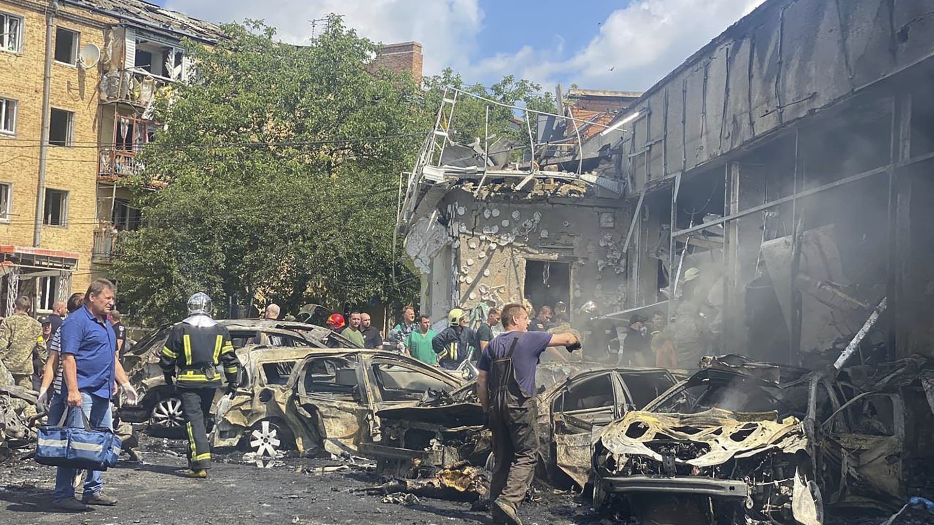 Ukrainian Emergency Service, a view of vehicles damaged by shelling in Vinnytsia, Ukraine, Thursday, July 14, 2022.