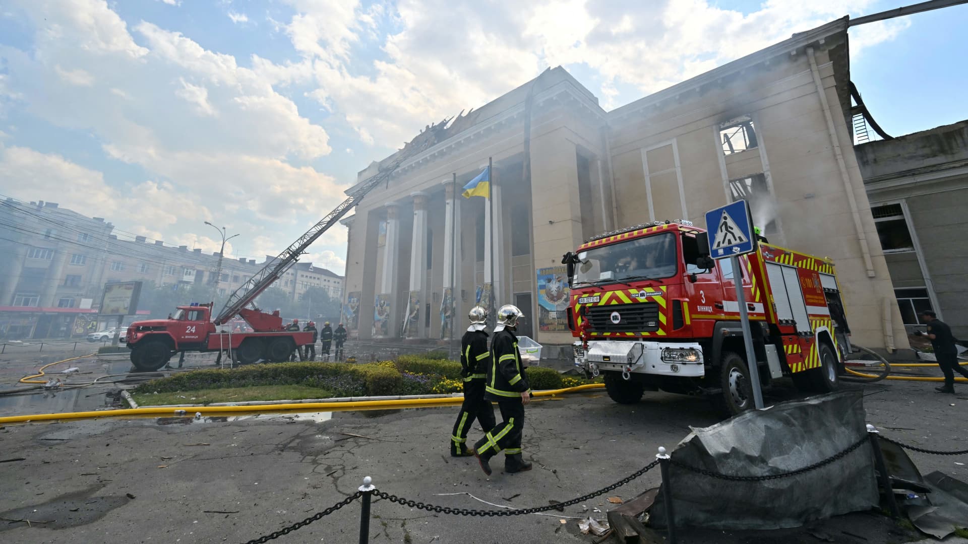 Firefighters extinguish fire following a Russian airstrike in the city of Vinnytsia, west-central Ukraine on July 14, 2022.