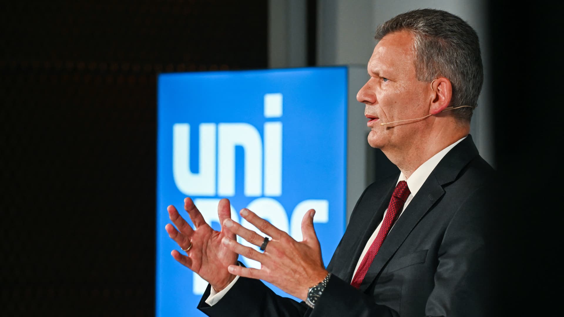 Uniper CEO Klaus-Dieter Maubach addresses a press conference about the government's rescue plan at the company's headquarters in Duesseldorf, Germany on July 8, 2022.
