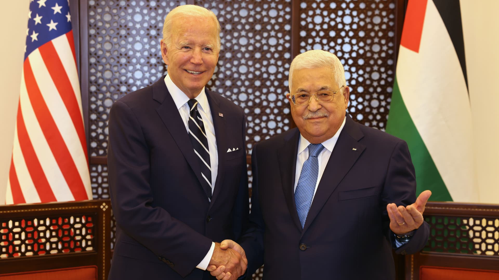 U.S. President Joe Biden (L) meets Palestinian President Mahmoud Abbas (R) in Bethlehem, West Bank on July 15, 2022.