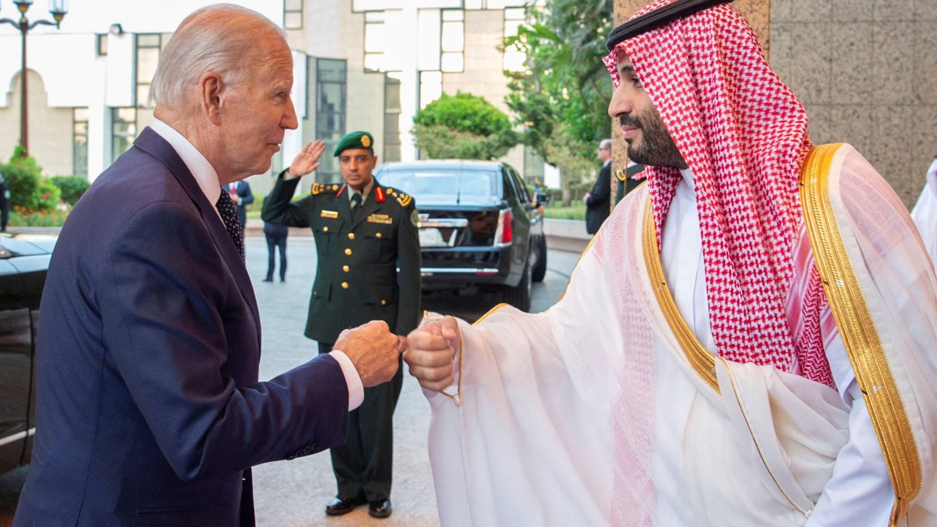 Saudi Crown Prince Mohammed bin Salman fist bumps U.S. President Joe Biden upon his arrival at Al Salman Palace, in Jeddah, Saudi Arabia, July 15, 2022.