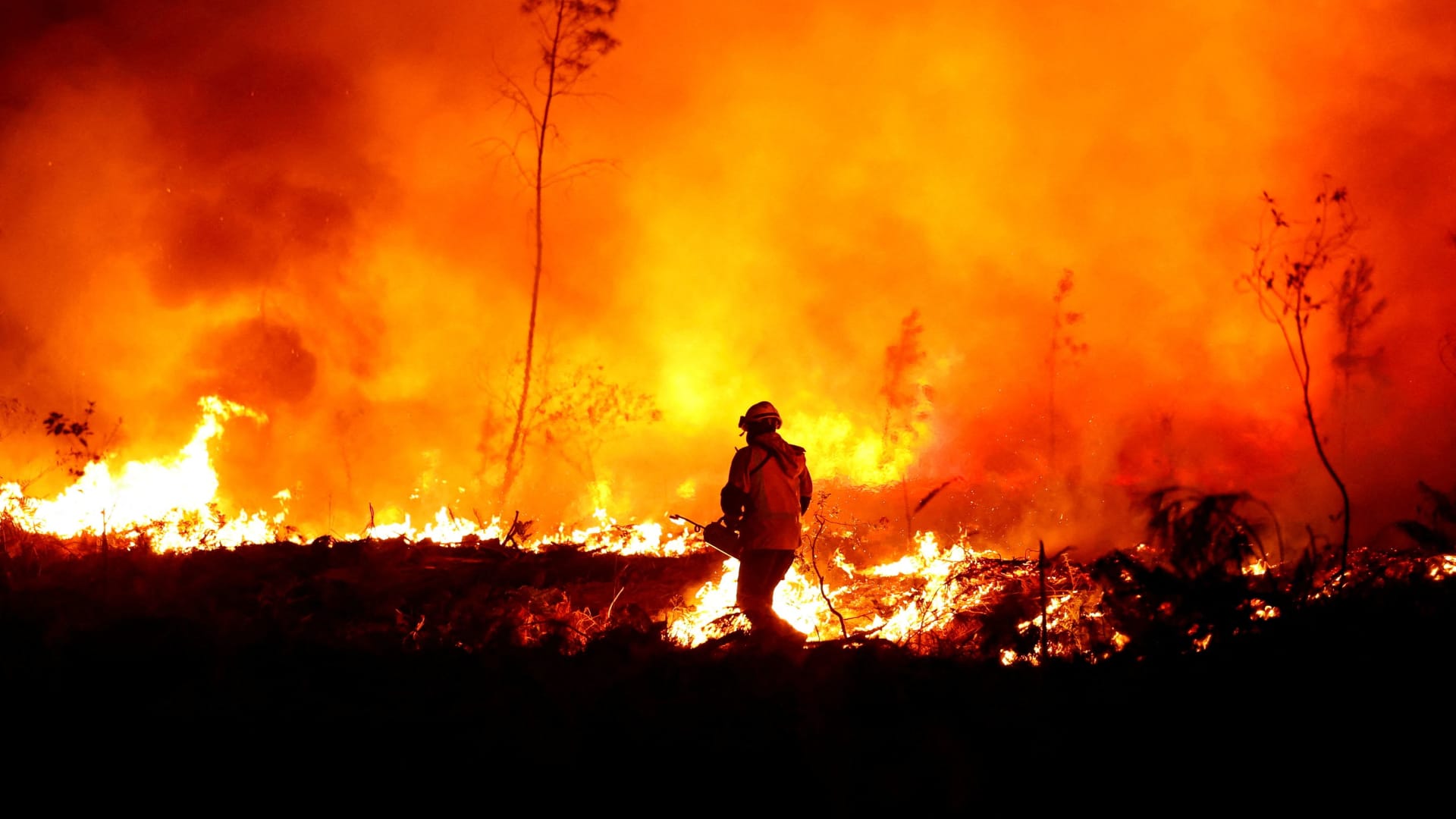 A firefighter creates a tactical fire in Louchats, as wildfires continue to spread in the Gironde region of southwestern France, July 17, 2022. 