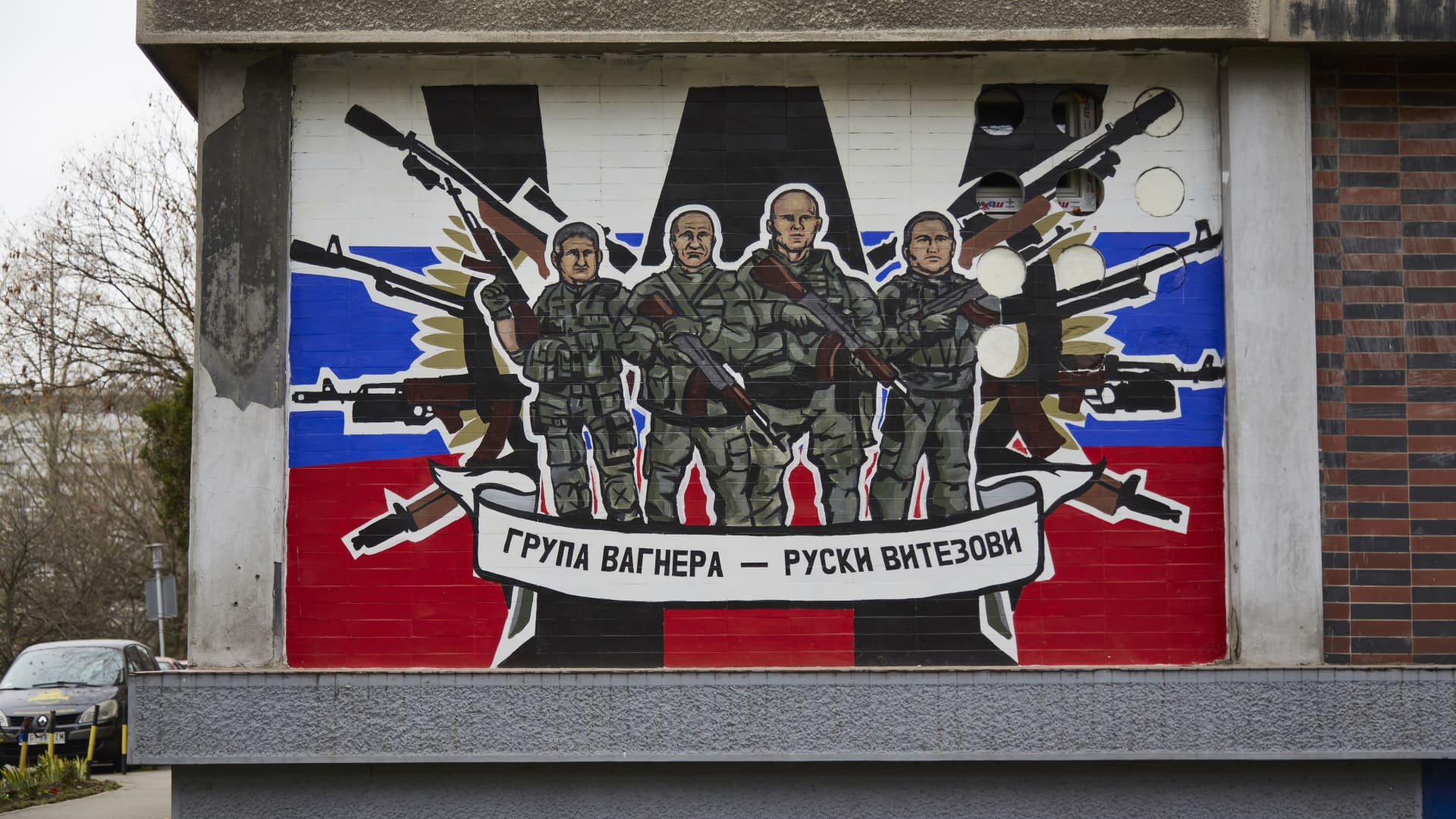 A mural praises the Russian Wagner group and its mercenaries fighting in Ukraine on March 30, 2022 in Belgrade, Serbia.