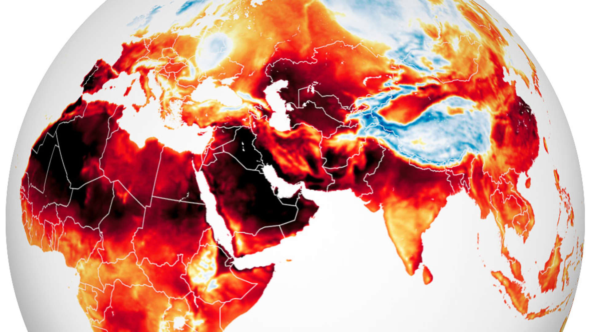 This image produced by NASA shows surface air temperatures on July 13, 2022, showing widespread heatwaves. 