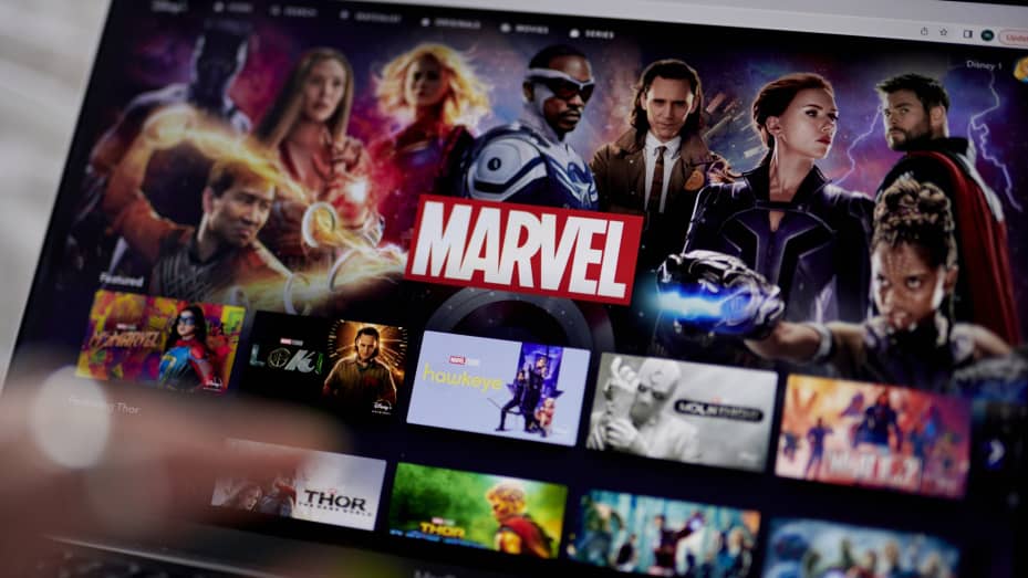 The Disney+ Marvel website home screen on a laptop computer in the Brooklyn borough of New York, US, on Monday, July 18, 2022.