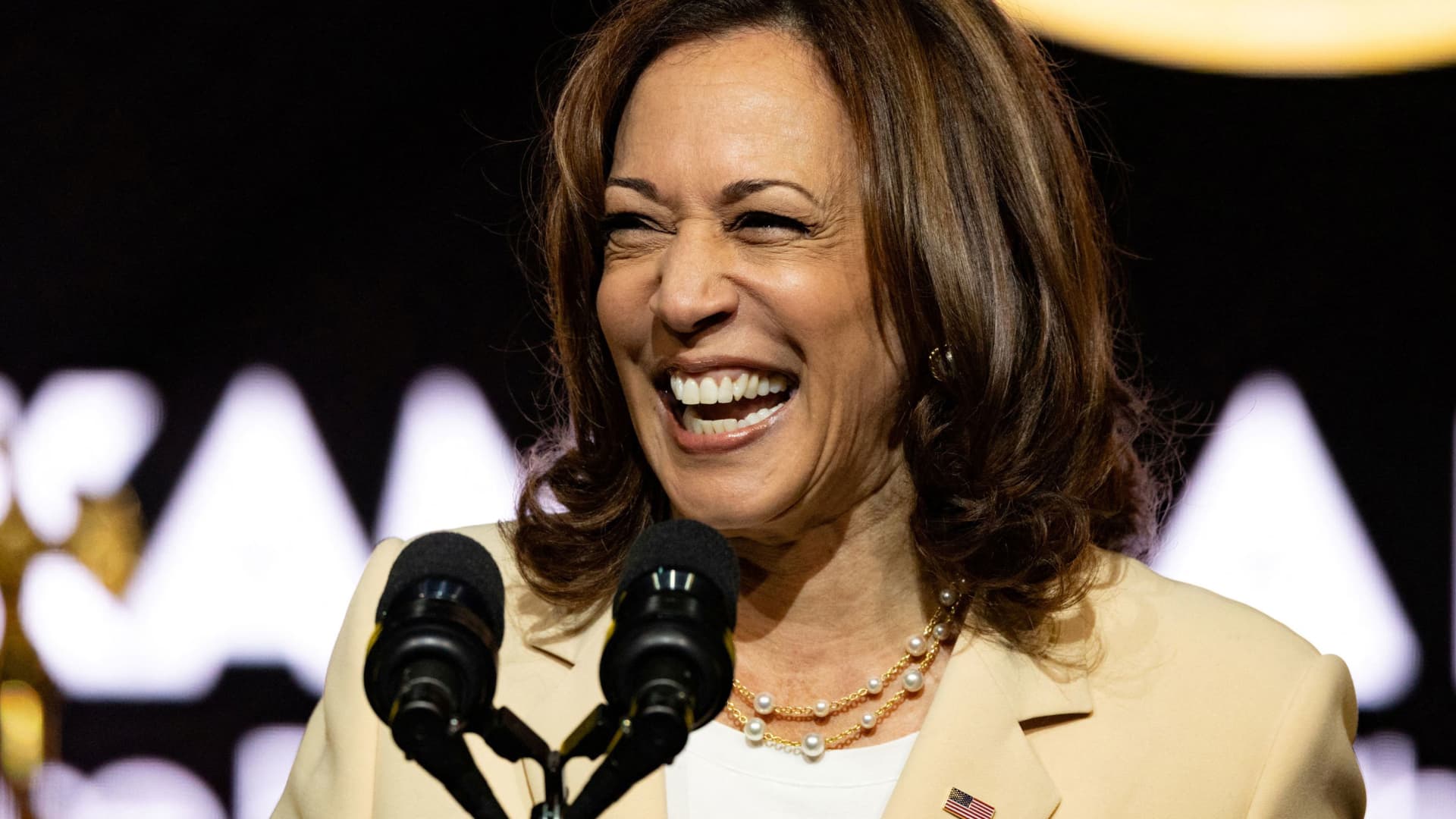 U.S. Vice President Kamala Harris smiles during her speech at the NAACP National Convention in Atlantic City, New Jersey, U.S. July 18, 2022.