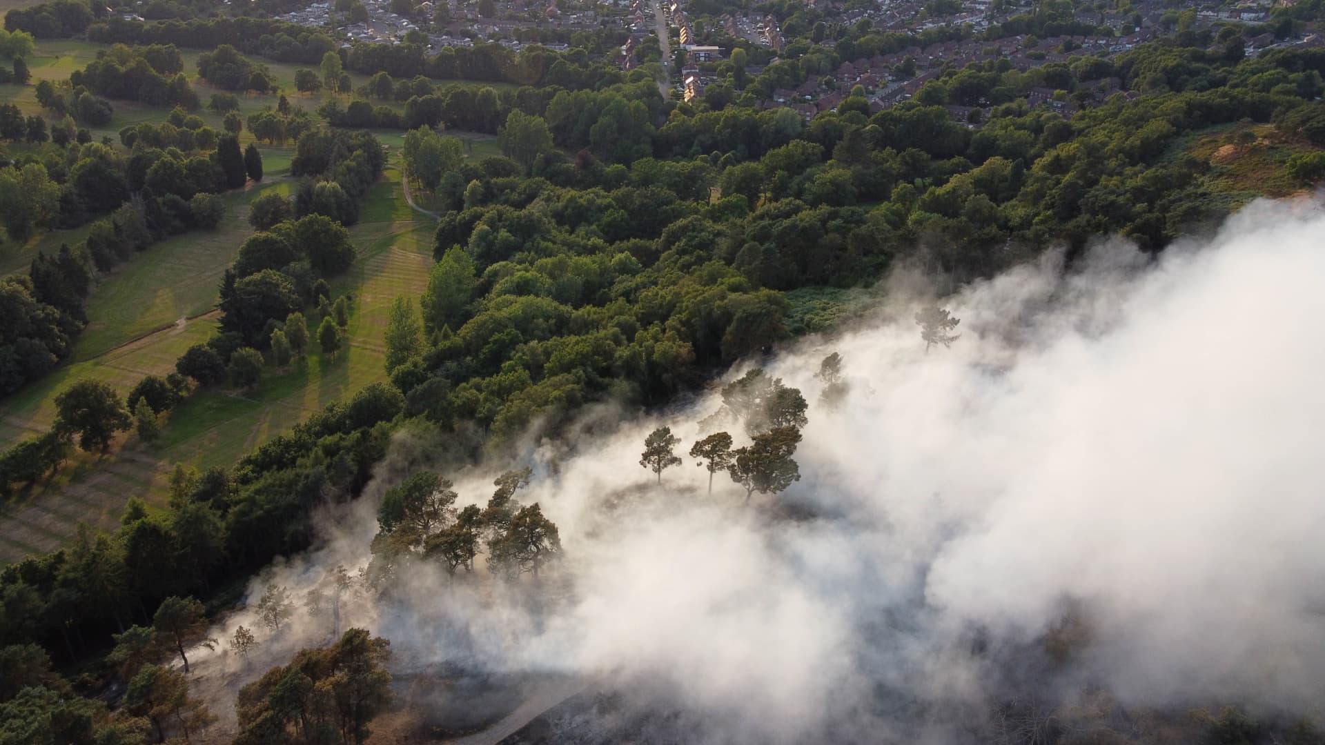 Firefighters respond to a large wildfire that has broken out in woodland at Lickey Hills Country Park on the edge of Birmingham.