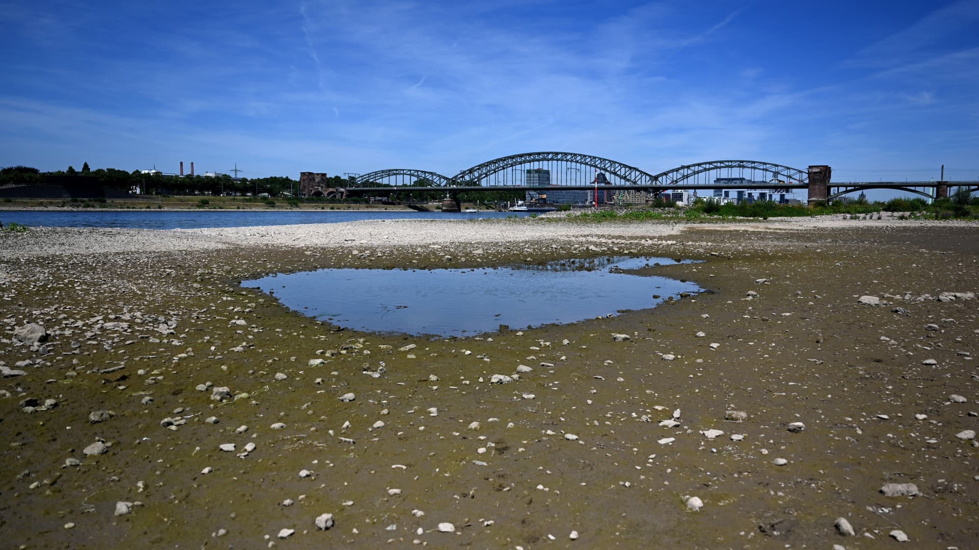 A photo taken on July 18, 2022 shows a puddle of water amid the nearly dried-up river bed of the Rhine in Cologne, western Germany, as many parts of Europe experience a heatwave.