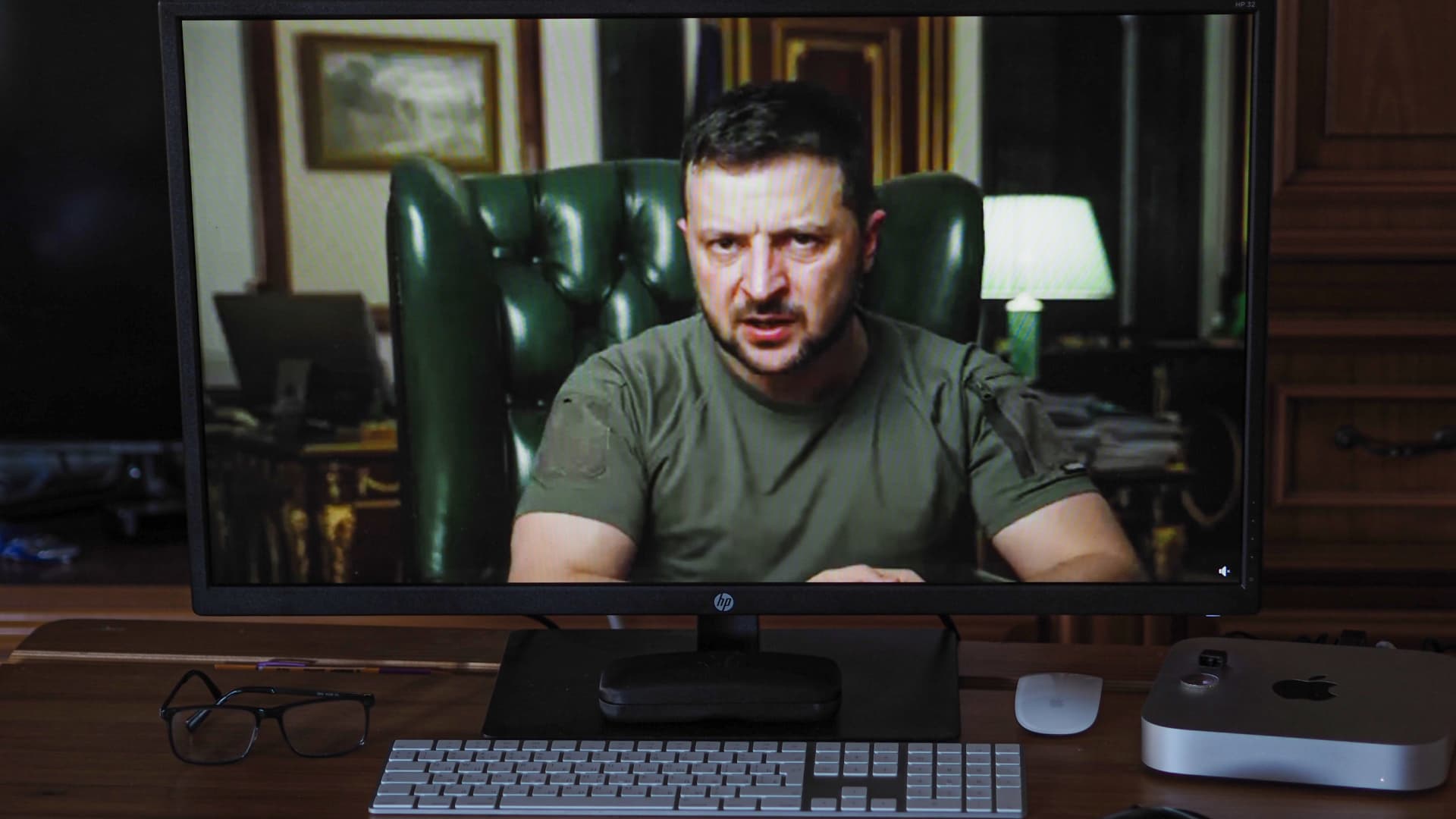 A screen shot showing the President of Ukraine Volodymyr Zelensky during his televised address where he said that if the Russian threat to shipping in the Black Sea can be removed, this will alleviate the severity of the global food crisis.